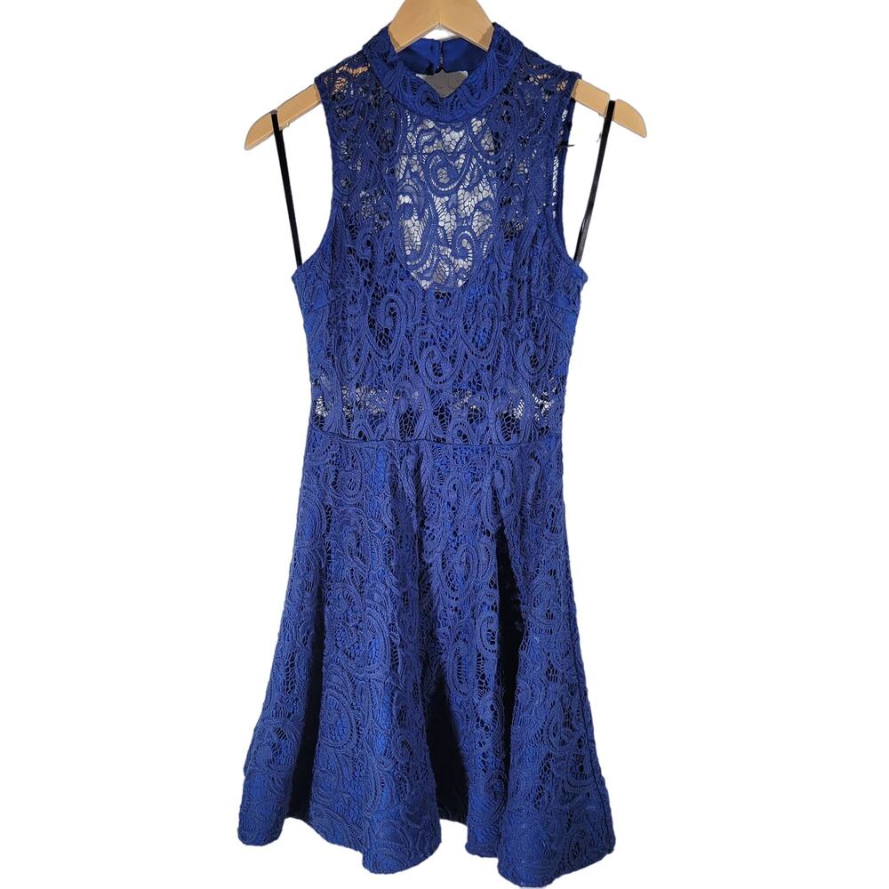B Darlin Royal Blue Lace Mock Neck Sleeveless Fit Flare Dress Size S